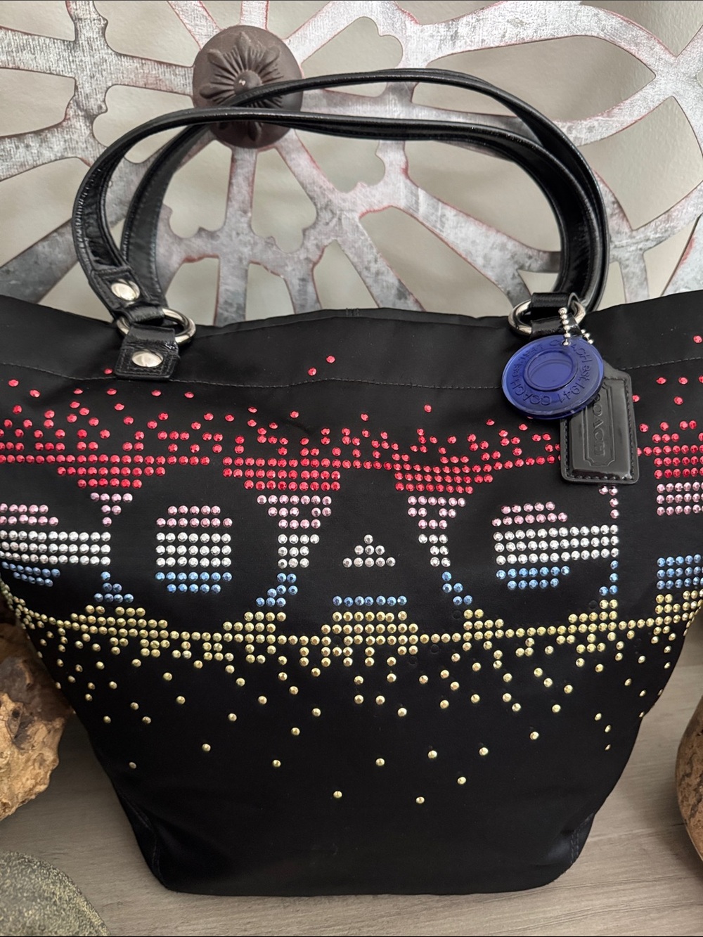 Coach Black Tote with Red, Blue and Gold Studded Ombre Logo - Picture 3 of 12